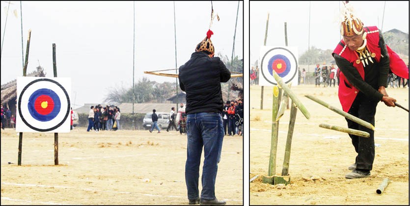 (Left) Cross bow shooting competition during the Poang Lüm cum Mini Hornbill Festival 2021 at Loyem Memorial Ground, Tuensang on January 12. (Right) Bamboo slashing competition in progress. (Morung Photos)
